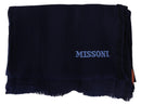 Elegant Blue Wool Scarf with Embroidered Logo