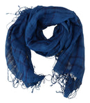 Chic Linen Fringed Scarf in Blue Checkered