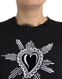 Black Sacred Heart Print Cotton Lace T-shirt