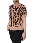 Beige Leopard Print Wool Turtleneck Top