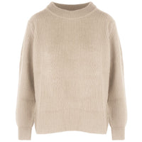 Malo Beige Cashmere Women Sweater with Side Slit and Ribbed Detail