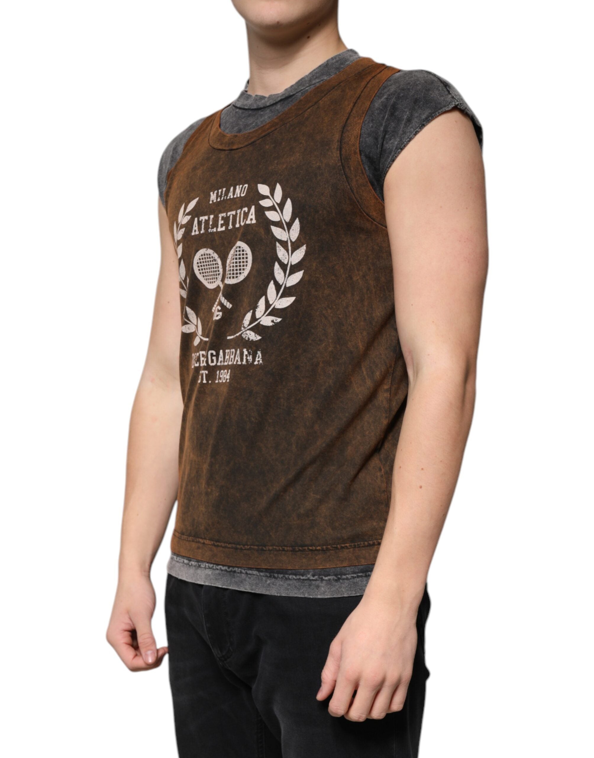 Brown Cotton Crew Neck Sleeveless T-shirt