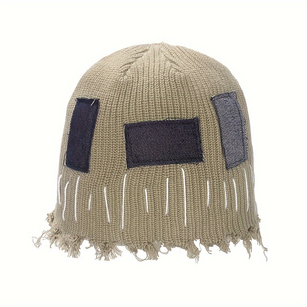 Distressed Patchwork Beanie with Fringed