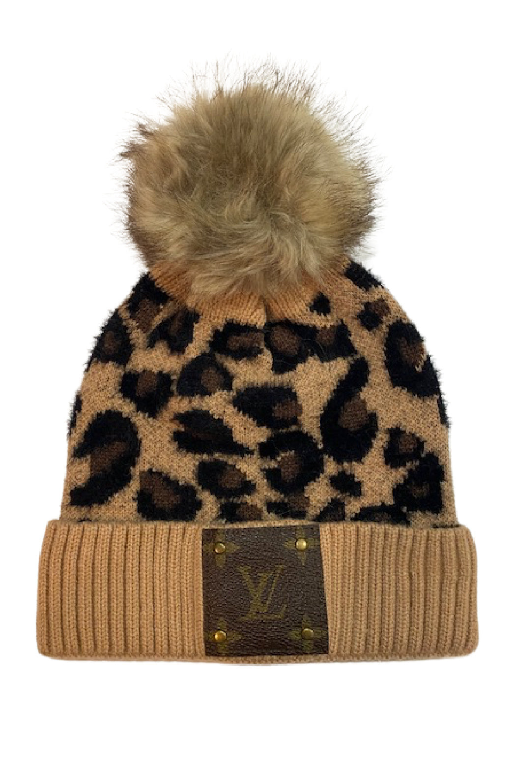 Upcycled Brown Leopard Pom Knit Beanie