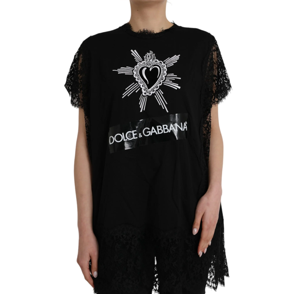 Black Sacred Heart Print Cotton Lace T-shirt