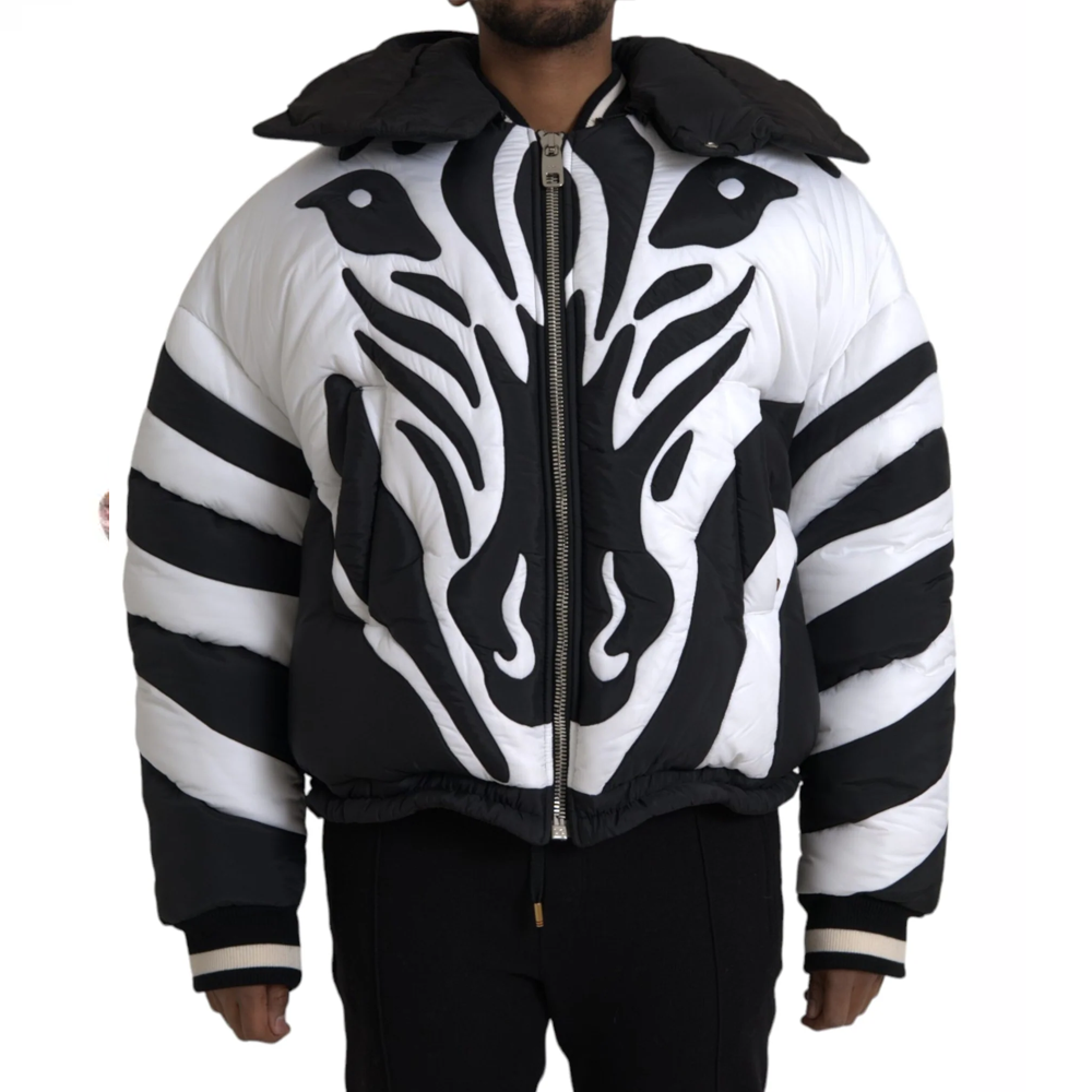 Black White Stripes Hooded Puffer Jacket