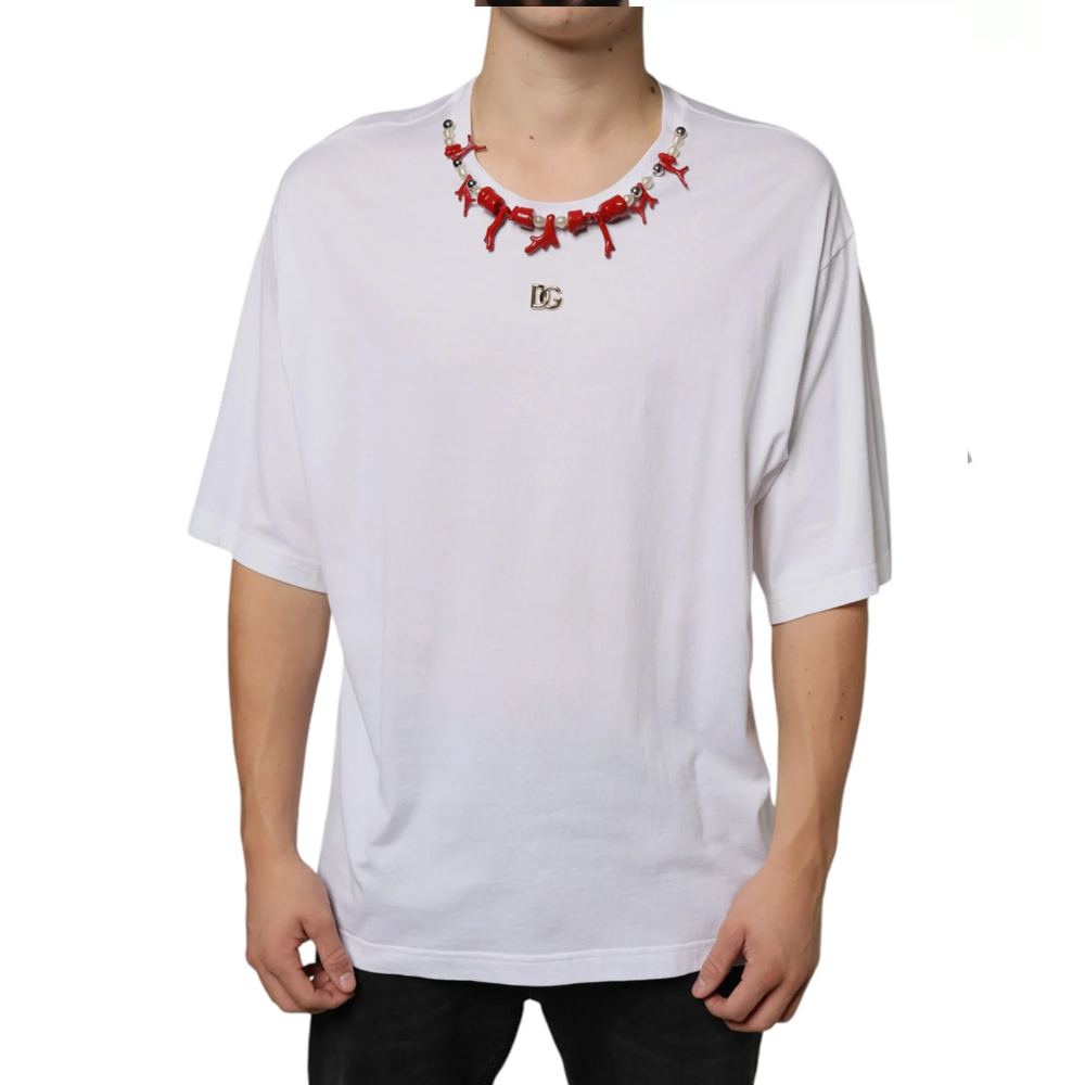 White Cotton Necklace Embellished T-shirt