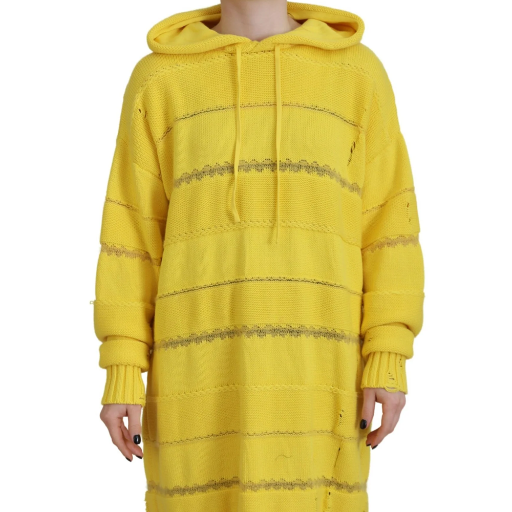 Yellow Cotton Knitted Hooded Pullover Sweater